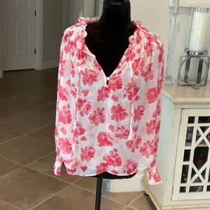 MISA Clio top, pink/white, button/tie collar, size M
